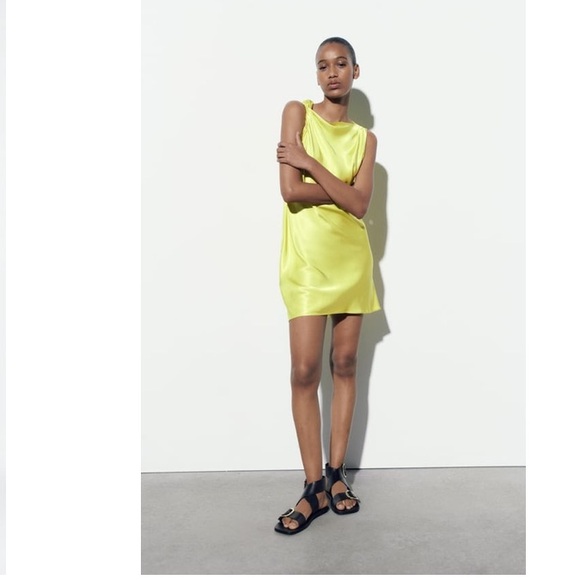 Zara Womens Knotted Satin Effect Dress XS Lime - Picture 1 of 3
